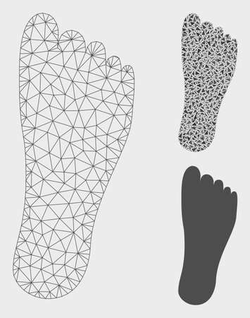 Mesh foot model with triangle mosaic icon. Wire carcass polygonal mesh of foot. Vector collage of triangle parts in different sizes, and color tones. Abstract 2d mesh foot.のイラスト素材