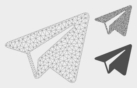 Mesh freelance paper plane model with triangle mosaic icon. Wire frame polygonal mesh of freelance paper plane. Vector mosaic of triangle elements in different sizes, and color tints.のイラスト素材