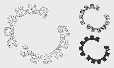 Mesh gear crash model with triangle mosaic icon. Wire frame triangular network of gear crash. Vector mosaic of triangles in different sizes, and color tints. Abstract flat mesh gear crash.のイラスト素材