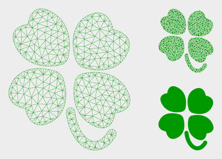 Mesh four-leafed clover model with triangle mosaic icon. Wire frame triangular network of four-leafed clover. Vector mosaic of triangle parts in various sizes, and color tinges.のイラスト素材