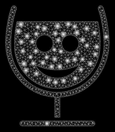 Glossy mesh happy glass wine with glitter effect. Abstract illuminated model of happy glass wine icon. Shiny wire frame polygonal mesh happy glass wine. Vector abstraction on a black background.のイラスト素材
