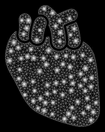 Glowing mesh heart organ with glow effect. Abstract illuminated model of heart organ icon. Shiny wire carcass triangular network heart organ. Vector abstraction on a black background.のイラスト素材