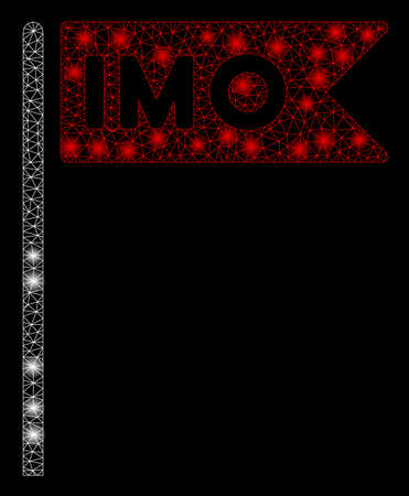 Bright mesh IMO flag with glare effect. Abstract illuminated model of IMO flag icon. Shiny wire carcass triangular mesh IMO flag. Vector abstraction on a black background.のイラスト素材