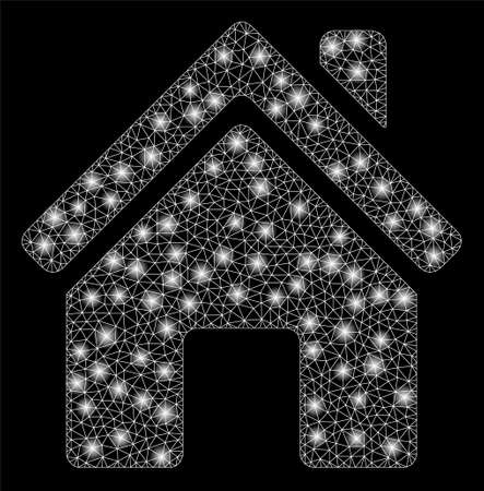 Glowing mesh home building with glow effect. Abstract illuminated model of home building icon. Shiny wire frame polygonal mesh home building. Vector abstraction on a black background.のイラスト素材