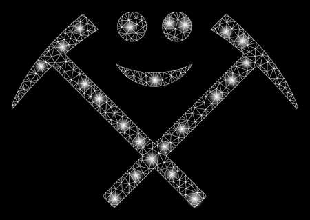 Flare mesh happy mining hammers with glare effect. Abstract illuminated model of happy mining hammers icon. Shiny wire frame triangular mesh happy mining hammers.のイラスト素材