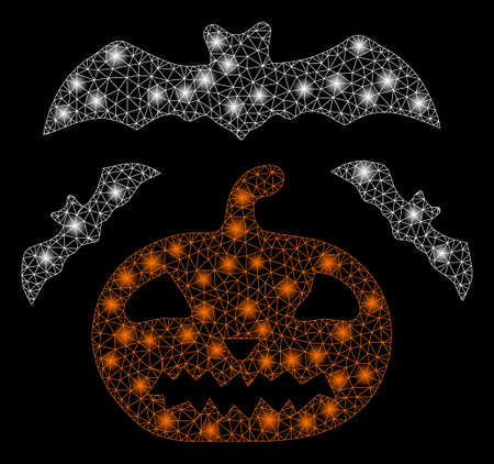 Glowing mesh halloween with glare effect. Abstract illuminated model of halloween icon. Shiny wire frame polygonal mesh halloween. Vector abstraction on a black background.のイラスト素材