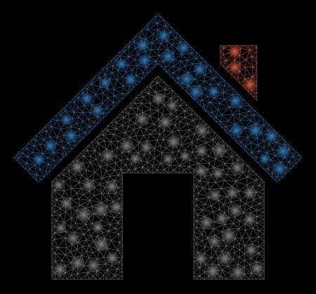 Glossy mesh home with sparkle effect. Abstract illuminated model of home icon. Shiny wire carcass triangular mesh home. Vector abstraction on a black background.のイラスト素材
