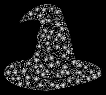 Bright mesh hat with glare effect. Abstract illuminated model of hat icon. Shiny wire carcass triangular mesh hat. Vector abstraction on a black background.のイラスト素材