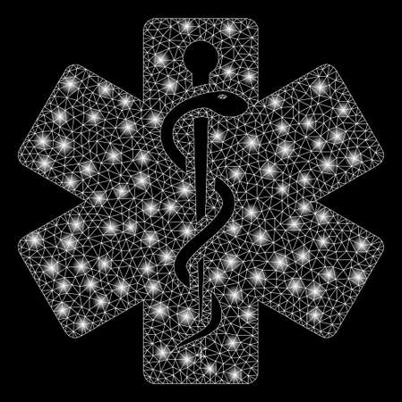 Glowing mesh life star medical emblem with glitter effect. Abstract illuminated model of life star medical emblem icon. Shiny wire frame triangular mesh life star medical emblem.のイラスト素材