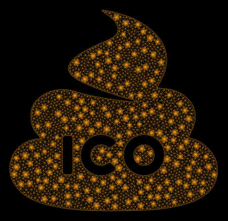 Glossy mesh ICO shit with sparkle effect. Abstract illuminated model of ICO shit icon. Shiny wire frame polygonal mesh ICO shit. Vector abstraction on a black background.のイラスト素材