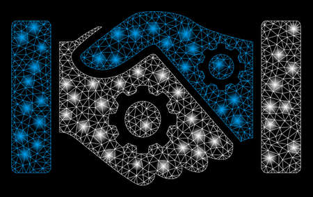 Bright mesh smart contract handshake with lightspot effect. Abstract illuminated model of smart contract handshake icon. Shiny wire frame triangular mesh smart contract handshake.のイラスト素材