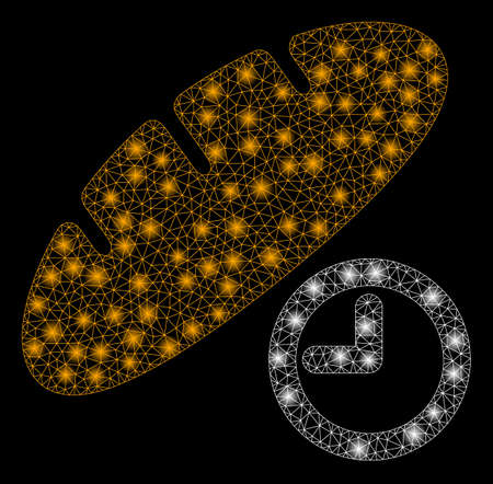 Glossy mesh bread lunch time with glow effect. Abstract illuminated model of bread lunch time icon. Shiny wire carcass polygonal network bread lunch time. Vector abstraction on a black background.のイラスト素材