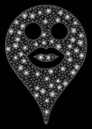 Glossy mesh kiss face map marker with glare effect. Abstract illuminated model of kiss face map marker icon. Shiny wire frame triangular network kiss face map marker.のイラスト素材