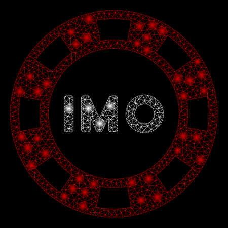 Glowing mesh IMO token with glitter effect. Abstract illuminated model of IMO token icon. Shiny wire frame polygonal mesh IMO token. Vector abstraction on a black background.のイラスト素材