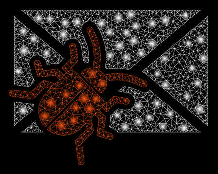 Glowing mesh infected mail with sparkle effect. Abstract illuminated model of infected mail icon. Shiny wire frame polygonal mesh infected mail. Vector abstraction on a black background.のイラスト素材