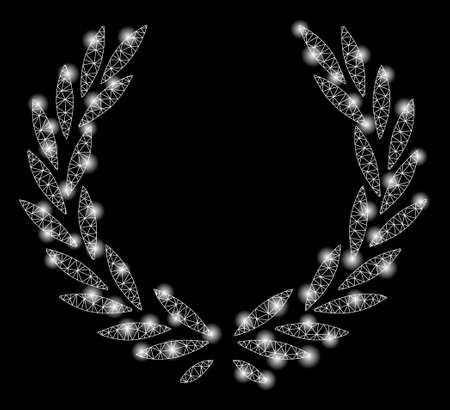 Glossy mesh laurel wreath with lightspot effect. Abstract illuminated model of laurel wreath icon. Shiny wire carcass polygonal mesh laurel wreath. Vector abstraction on a black background.のイラスト素材