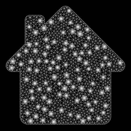 Glossy mesh house with lightspot effect. Abstract illuminated model of house icon. Shiny wire carcass polygonal mesh house. Vector abstraction on a black background.のイラスト素材