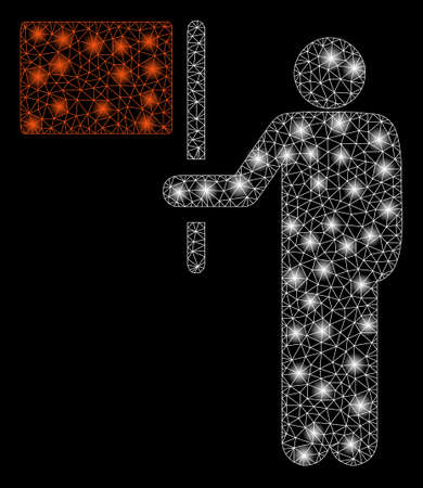 Bright mesh leader with flag with glitter effect. Abstract illuminated model of leader with flag icon. Shiny wire carcass triangular mesh leader with flag. Vector abstraction on a black background.のイラスト素材