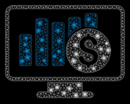 Glossy mesh stock market monitoring with glare effect. Abstract illuminated model of stock market monitoring icon. Shiny wire carcass polygonal mesh stock market monitoring.のイラスト素材