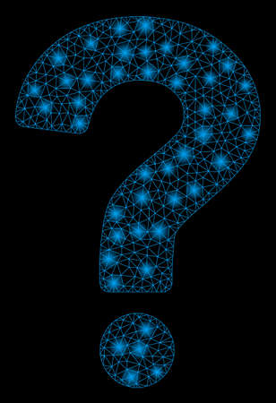 Glossy mesh question mark with glow effect. Abstract illuminated model of question mark icon. Shiny wire frame triangular network question mark. Vector abstraction on a black background.のイラスト素材