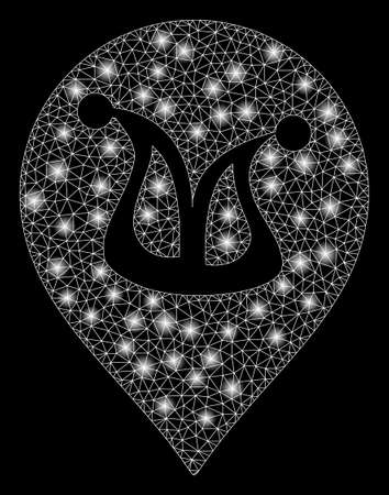 Flare mesh joker marker with glare effect. Abstract illuminated model of joker marker icon. Shiny wire frame polygonal mesh joker marker. Vector abstraction on a black background.のイラスト素材