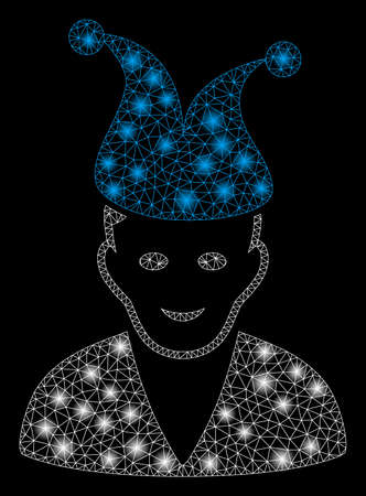 Flare mesh jester with glitter effect. Abstract illuminated model of jester icon. Shiny wire carcass triangular mesh jester. Vector abstraction on a black background.のイラスト素材