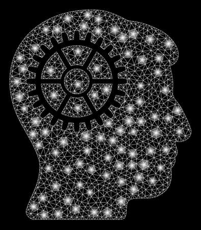 Flare mesh intellect cog with glow effect. Abstract illuminated model of intellect cog icon. Shiny wire frame polygonal mesh intellect cog. Vector abstraction on a black background.のイラスト素材