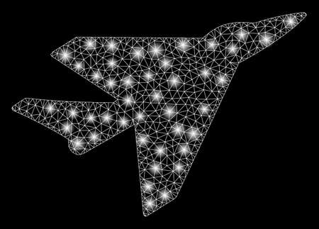 Glossy mesh interceptor with glitter effect. Abstract illuminated model of interceptor icon. Shiny wire frame polygonal mesh interceptor. Vector abstraction on a black background.のイラスト素材