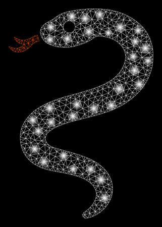 Flare mesh snake with sparkle effect. Abstract illuminated model of snake icon. Shiny wire carcass triangular network snake. Vector abstraction on a black background.のイラスト素材