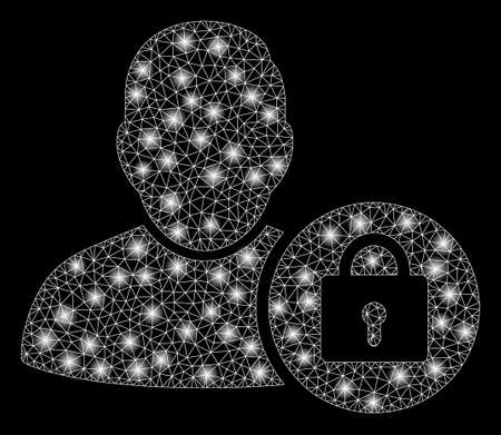 Glossy mesh locked user with lightspot effect. Abstract illuminated model of locked user icon. Shiny wire carcass polygonal network locked user. Vector abstraction on a black background.のイラスト素材