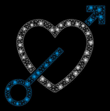 Glowing mesh love arrow with lightspot effect. Abstract illuminated model of love arrow icon. Shiny wire frame triangular mesh love arrow. Vector abstraction on a black background.のイラスト素材