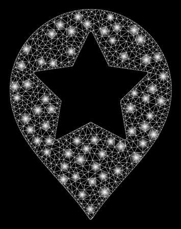 Bright mesh star map marker with glitter effect. Abstract illuminated model of star map marker icon. Shiny wire frame triangular mesh star map marker. Vector abstraction on a black background.のイラスト素材