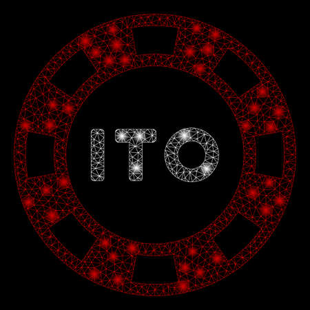 Flare mesh ITO token with sparkle effect. Abstract illuminated model of ITO token icon. Shiny wire carcass polygonal mesh ITO token. Vector abstraction on a black background.のイラスト素材