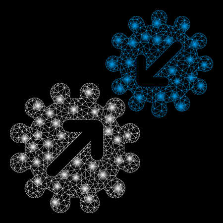 Glowing mesh integration gears with glow effect. Abstract illuminated model of integration gears icon. Shiny wire carcass triangular mesh integration gears. Vector abstraction on a black background.のイラスト素材