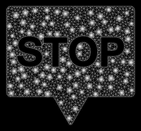 Flare mesh stop banner with lightspot effect. Abstract illuminated model of stop banner icon. Shiny wire frame triangular mesh stop banner. Vector abstraction on a black background.のイラスト素材