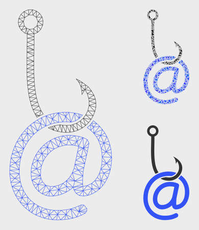 Mesh email phishing malware model with triangle mosaic icon. Wire carcass triangular network of email phishing malware. Vector mosaic of triangle elements in various sizes, and color tones.のイラスト素材