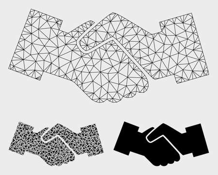 Mesh handshake model with triangle mosaic icon. Wire carcass polygonal mesh of handshake. Vector mosaic of triangle parts in various sizes, and color hues. Abstract flat mesh handshake,のイラスト素材