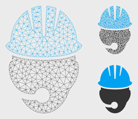 Mesh industrial operator model with triangle mosaic icon. Wire frame triangular mesh of industrial operator. Vector mosaic of triangle parts in different sizes, and color shades.のイラスト素材