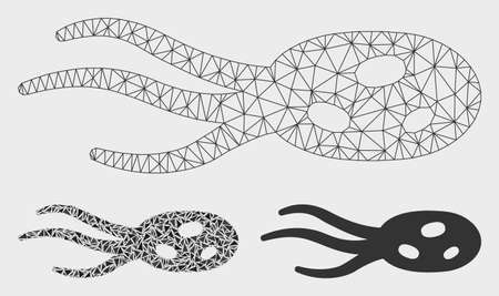 Mesh intrude microorganism model with triangle mosaic icon. Wire carcass triangular mesh of intrude microorganism. Vector mosaic of triangle elements in different sizes, and color tints.のイラスト素材