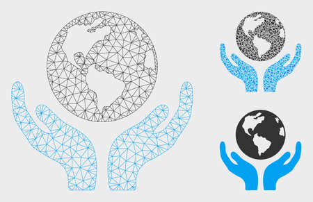 Mesh international insurance model with triangle mosaic icon. Wire carcass triangular mesh of international insurance. Vector composition of triangle parts in various sizes, and color tinges.のイラスト素材