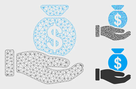 Mesh invest hand model with triangle mosaic icon. Wire frame triangular mesh of invest hand. Vector collage of triangle parts in variable sizes, and color tones. Abstract flat mesh invest hand,のイラスト素材