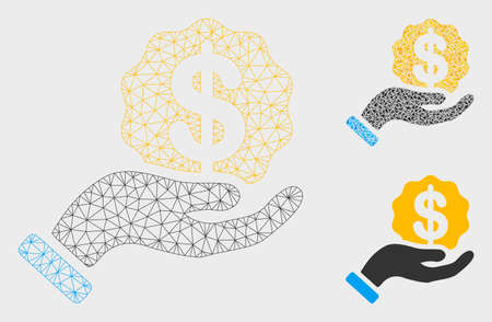 Mesh investor hand model with triangle mosaic icon. Wire carcass triangular mesh of investor hand. Vector mosaic of triangle parts in variable sizes, and color hues. Abstract 2d mesh investor hand,のイラスト素材