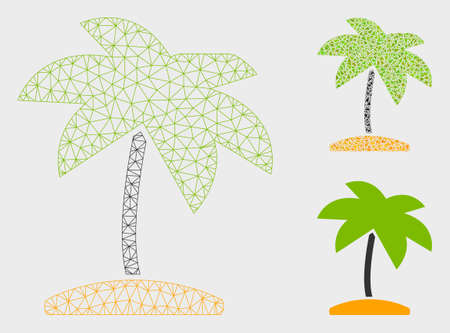 Mesh island tropic palm model with triangle mosaic icon. Wire frame triangular mesh of island tropic palm. Vector composition of triangle elements in different sizes, and color shades.のイラスト素材