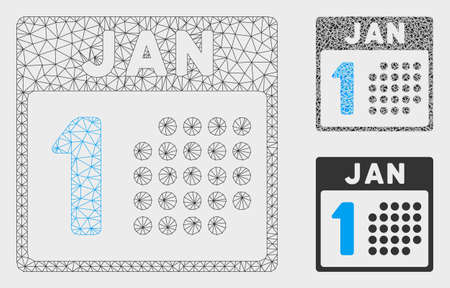 Mesh January first model with triangle mosaic icon. Wire frame polygonal mesh of January first. Vector mosaic of triangle parts in different sizes, and color tints. Abstract 2d mesh January first,のイラスト素材