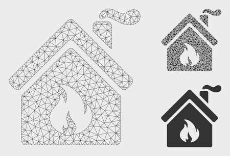 Mesh kitchen fire model with triangle mosaic icon. Wire frame triangular mesh of kitchen fire. Vector composition of triangle parts in various sizes, and color tints. Abstract 2d mesh kitchen fire,のイラスト素材
