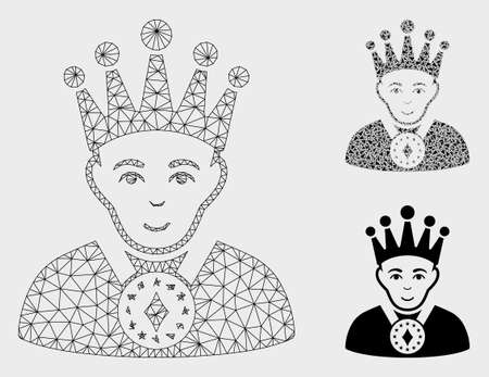 Mesh king model with triangle mosaic icon. Wire carcass polygonal network of king. Vector mosaic of triangle parts in different sizes, and color tints. Abstract 2d mesh king,のイラスト素材