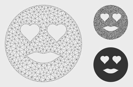 Mesh lady love smiley model with triangle mosaic icon. Wire carcass triangular network of lady love smiley. Vector mosaic of triangle parts in various sizes, and color shades.のイラスト素材