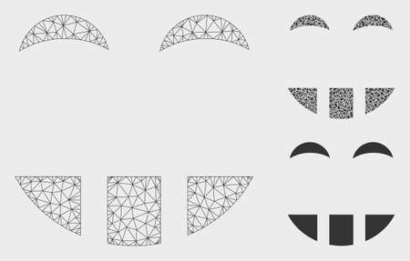 Mesh laugth smiley model with triangle mosaic icon. Wire frame triangular mesh of laugth smiley. Vector mosaic of triangle elements in different sizes, and color tinges.のイラスト素材