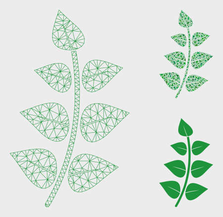 Mesh leaf branch model with triangle mosaic icon. Wire frame polygonal network of leaf branch. Vector mosaic of triangle parts in various sizes, and color shades. Abstract 2d mesh leaf branch,のイラスト素材