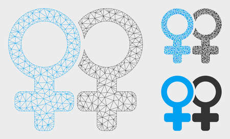 Mesh lesbi pair model with triangle mosaic icon. Wire frame polygonal mesh of lesbi pair. Vector mosaic of triangle elements in variable sizes, and color hues. Abstract flat mesh lesbi pair,のイラスト素材